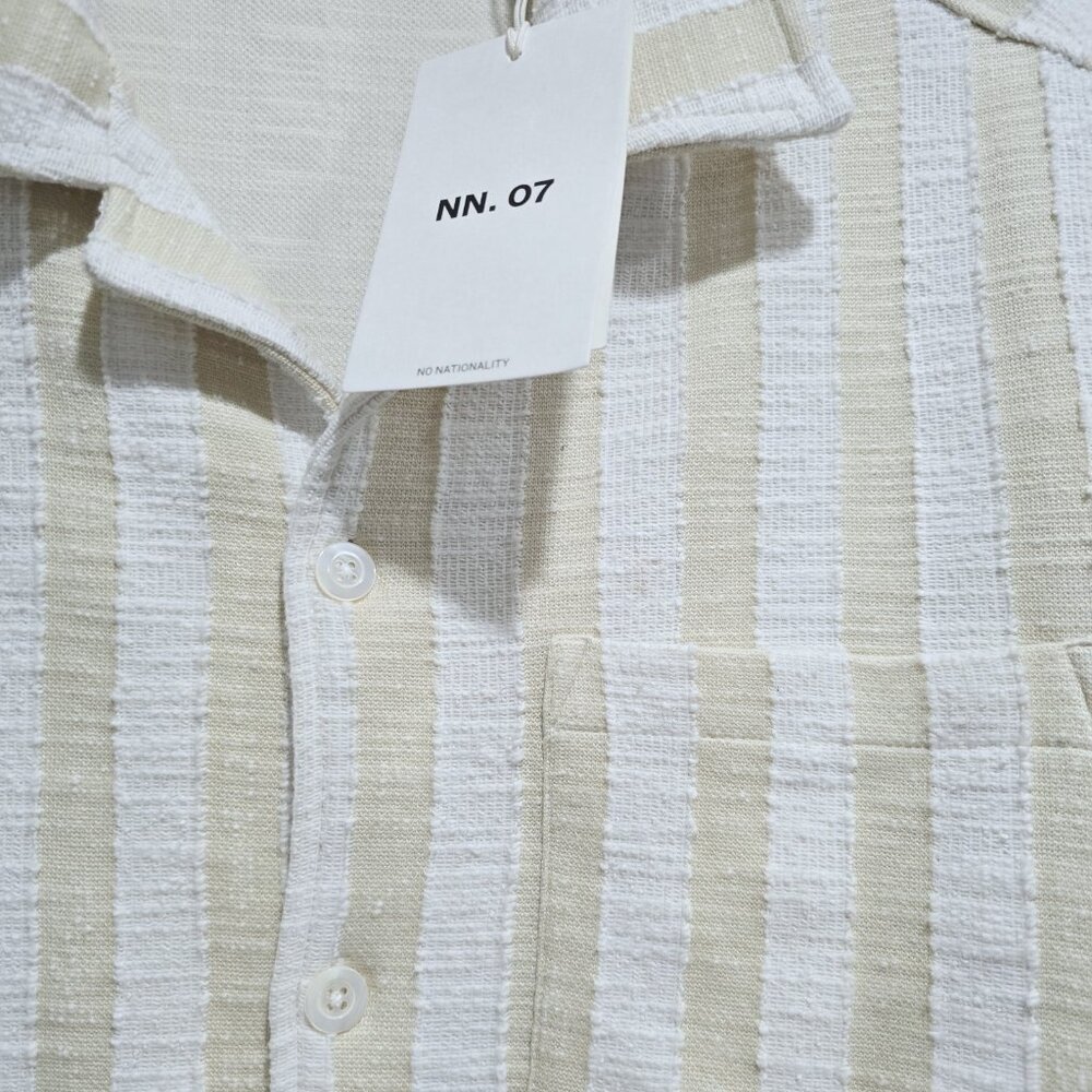 Nwt NN07 L Julio Khaki Striped Short Sleeve Button Up Camp Shirt Mens $240 Read* - Picture 6 of 9